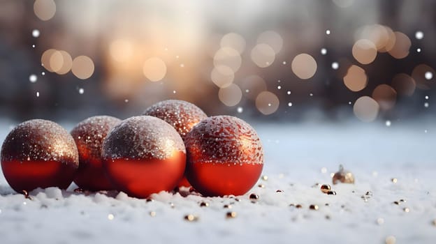 Red baubles on white snow on the left. Orange bokeh effect in the background.Christmas banner with space for your own content. Blank field for the inscription.