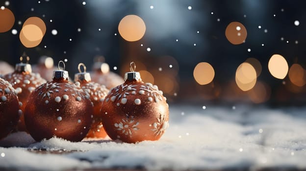 Golden baubles on white snow on the left. Orange bokeh effect in the background.Christmas banner with space for your own content. Blank field for the inscription.