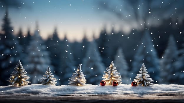 Small Christmas trees on white snow in the middle. Blurred background of pine trees. Side view.Christmas banner with space for your own content. Blank field for the inscription.