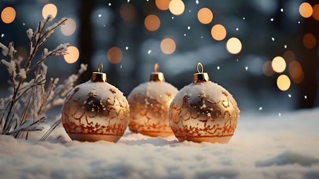 Golden baubles on white snow on the left. Orange bokeh effect in the background.Christmas banner with space for your own content. Blank field for the inscription.