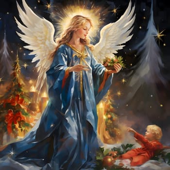 Angel in the form of a girl approaching a lying baby boy. Christmas card as a symbol of remembrance of the birth of the Savior. A time of joy and celebration.