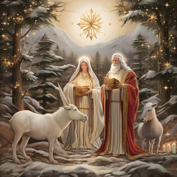 Illustration of Mary and Saint Joseph and Animals. Winter scenery. On top of a star. Christmas card as a symbol of remembrance of the birth of the Savior. A time of joy and celebration.