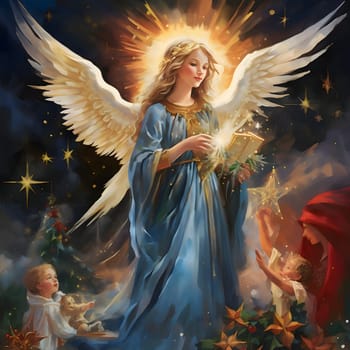 Angel in the form of a girl with a book, around small children. Christmas card as a symbol of remembrance of the birth of the Savior. A time of joy and celebration.