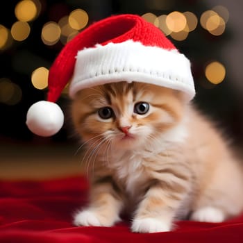 Tiny kitten in Santa's hat in the background blurred the effect of the sides. Christmas card as a symbol of remembrance of the birth of the Savior. A time of joy and celebration.