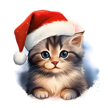 Illustration of a tiny kitten wearing a Santa hat. Christmas card as a symbol of remembrance of the birth of the Savior. A time of joy and celebration.