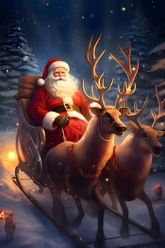 Santa Claus at night in a sleigh led by two reindeer. Christmas card as a symbol of remembrance of the birth of the Savior. A time of joy and celebration.