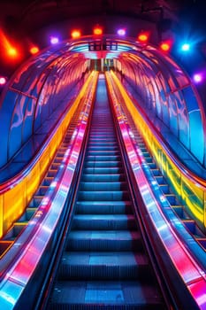 A brightly lit escalator with a colorful design on it