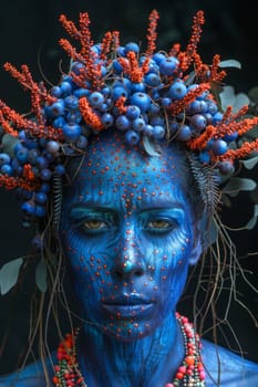 A woman with blue face painted and wearing a headdress