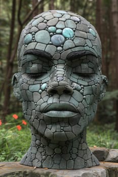A stone head sculpture in a garden with flowers and trees