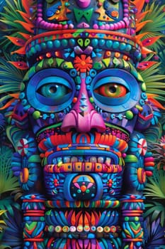 A colorful painting of a tiki mask on top of plants