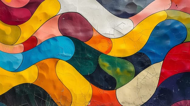 A colorful abstract painting of a multicolored wavy pattern