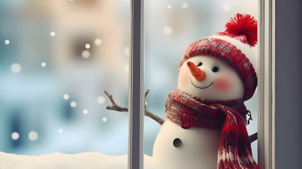 Merry dressed snowman on the right side. Snow falling bokeh effect in the background.Christmas banner with space for your own content. Light color background. Blank field for your inscription.