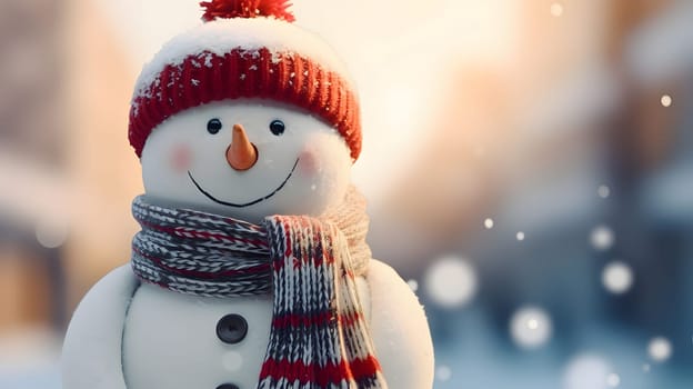 Merry snowman with hat and Scarf on the left in the background. Blurred background with bokeh effect.Christmas banner with space for your own content. Light color background. Blank field for your inscription.