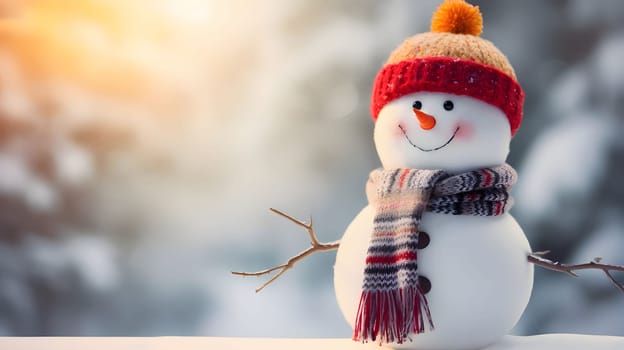 A cheerful snowman wearing a hat and Scarf on the right. Blurred background with bokeh effect.Christmas banner with space for your own content. Light color background. Blank field for your inscription.
