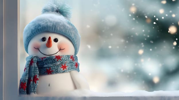 Happy snowman with hat and scarf on the left. Blurred background with bokeh effect.Christmas banner with space for your own content. Light color background. Blank field for your inscription.