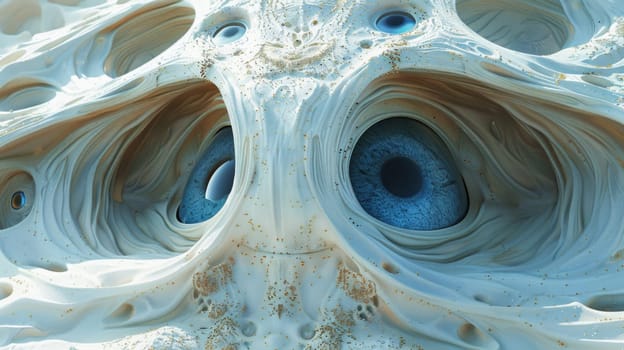 A close up of a sculpture with blue eyes and white swirls