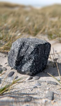 A massive bedrock dominates the sandy beach landscape, contrasting with the surrounding grass and plants. It sits like a giant automotive tire on the shore