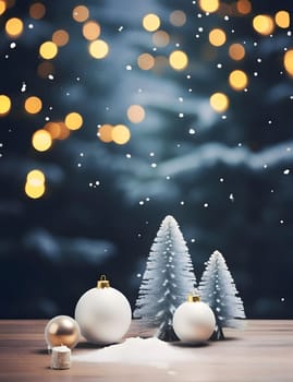 Tiny Christmas trees and baubles on a wooden top at the bottom. In the background falling snow and bokeh effect.Christmas banner with space for your own content. Blank field for your inscription.