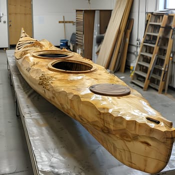 A hardwood kayak, crafted from natural material, sits on a table in a room. The boat is a beautiful artifact made from plywood and finished with wood stain