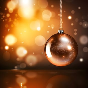 Gold bauble on a string on a gold background with bokeh effect.Christmas banner with space for your own content. Blank space for the inscription.