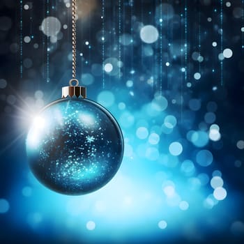 Blue bauble on a string on a blue background with bokeh effect.Christmas banner with space for your own content. Blank space for the inscription.