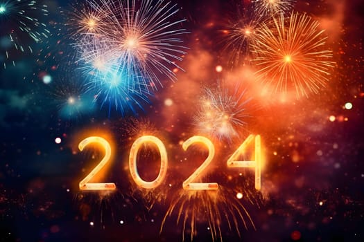 Card, illustration, graphic with fireworks and confetti shooting with the inscription 2024 to celebrate the new year. A time of festivities and resolutions.