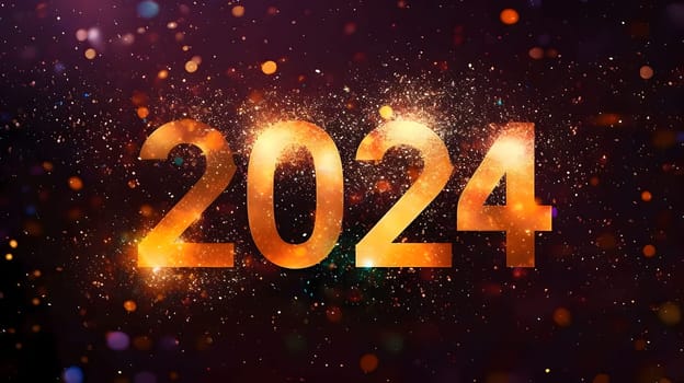 Card, illustration, graphic with fireworks and confetti shooting with the inscription 2024 to celebrate the new year. A time of festivities and resolutions.