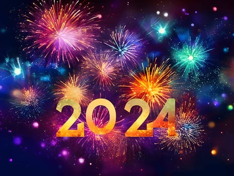 Card, illustration, graphic with a firework shot and with the inscription 2024 to celebrate the new year. A time of festivities and resolutions.
