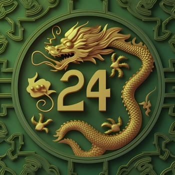 Card, illustration, graphic with a Chinese dragon with the inscription 2024 to celebrate the new year. A time of festivities and resolutions.