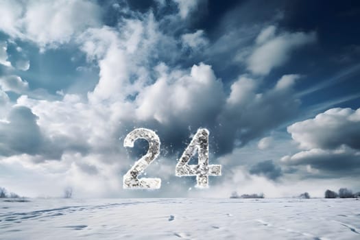 Card, illustration, graphic in winter scenery with the inscription 2024 to celebrate the new year. A time of festivities and resolutions.
