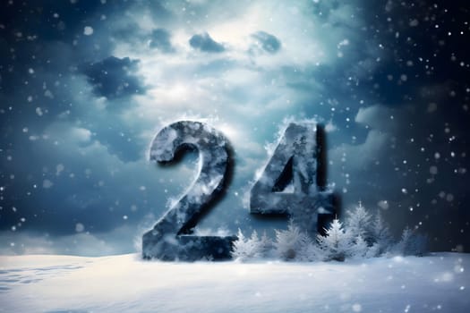 Card, illustration, graphic in winter scenery with the inscription 2024 to celebrate the new year. A time of festivities and resolutions.