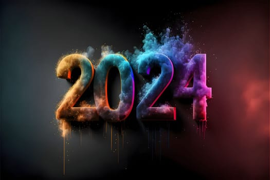 Card, illustration, graphic with colorful smoke, inscription 2024 to celebrate the new year. A time of festivities and resolutions.