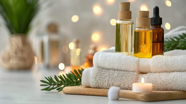 A tranquil spa ambiance featuring essential oil bottles on a wooden surface, soft white towels, a lit candle, and twinkling lights in the background - Generative AI