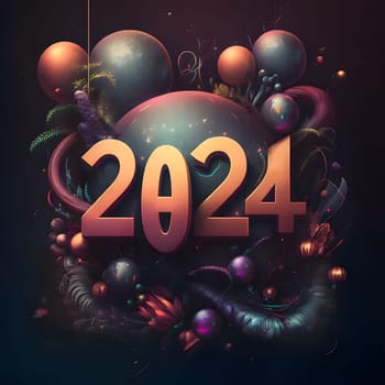 Card, illustration, graphic with futuristic image, inscription 2024 to celebrate the new year. A time of festivities and resolutions.