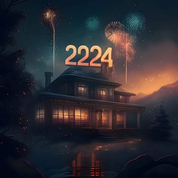Card, illustration, graphic with house, inscription 2024 to celebrate the new year. A time of festivities and resolutions.