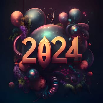 Card, illustration, graphic with futuristic image, inscription 2024 to celebrate the new year. A time of festivities and resolutions.