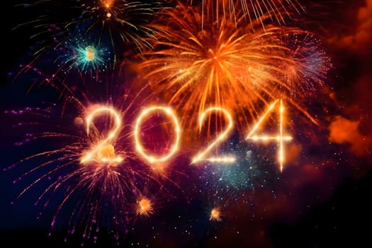 Card, illustration, graphic with fireworks launch, inscription 2024 to celebrate the new year. A time of festivities and resolutions.