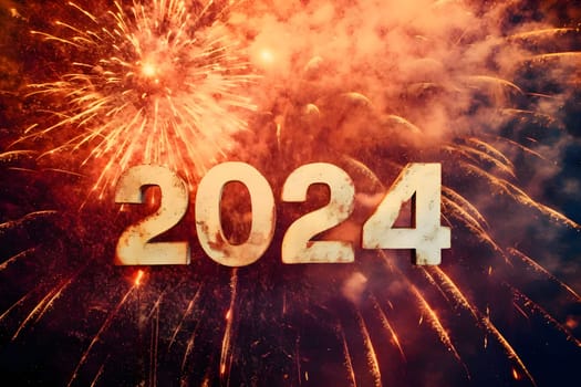 Card, illustration, graphic with fireworks launch, inscription 2024 to celebrate the new year. A time of festivities and resolutions.