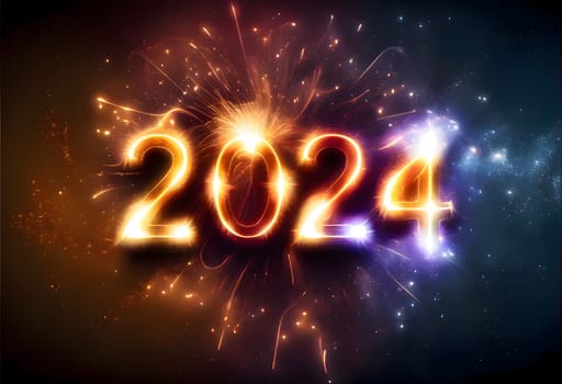 Card, illustration, graphic with colorful glow of fireworks, inscription 2024 to celebrate the new year. A time of festivities and resolutions.