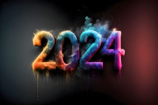 Card, illustration, graphic with colorful smoke, inscription 2024 to celebrate the new year. A time of festivities and resolutions.