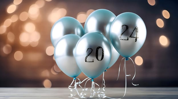 Card, illustration, graphic of balloons with the inscription 2024 to celebrate the new year. Bokeh effect as a background. A time of festivities and resolutions.