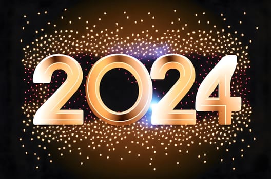 Card, illustration, graphic gold stars with the inscription 2024 to celebrate the new year. A time of festivities and resolutions.