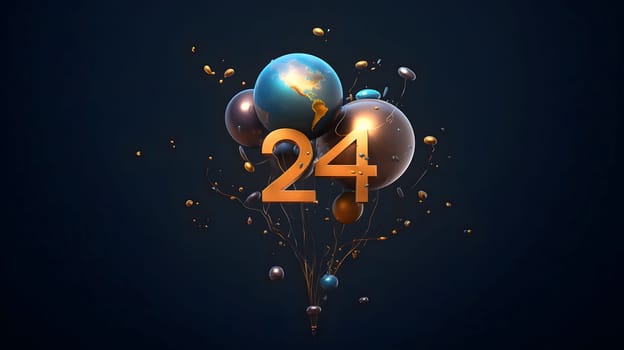 Card, illustration, graphic of balloons with the inscription 2024 to celebrate the new year. Dark background. A time of festivities and resolutions.