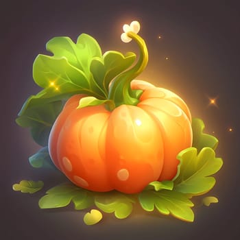 Fairy tale illustration of a pumpkin with leaves on a dark background. Pumpkin as a dish of thanksgiving for the harvest. An atmosphere of joy and celebration.