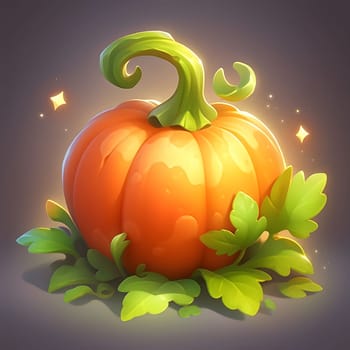 Fairy tale illustration of a pumpkin with leaves on a dark background. Pumpkin as a dish of thanksgiving for the harvest. An atmosphere of joy and celebration.