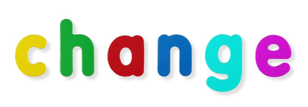 A change word in coloured magnetic letters on white with clipping path to remove shadow