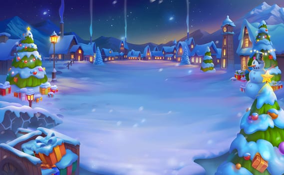 Winter fairy tale landscape with Christmas trees, snowman and gifts at night.Christmas banner with space for your own content. Blank space for the inscription.