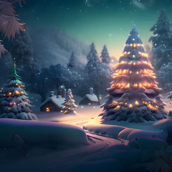 Illustration of Christmas tree decorated with Christmas lights in a winter landscape. Xmas tree as a symbol of Christmas of the birth of the Savior. A time of joy and celebration.