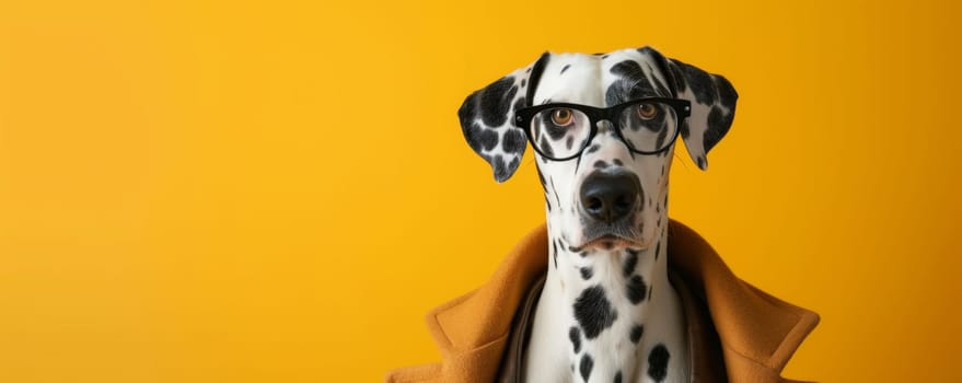 Dalmatian Dog Wearing Glasses and Coat on Yellow Background.