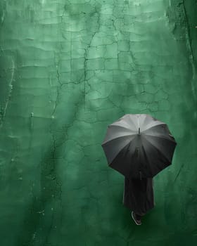 A person is strolling with an umbrella made of transparent material on a lush green grass background. The umbrella resembles a stingray fin, blending marine biology with fashion accessory trends
